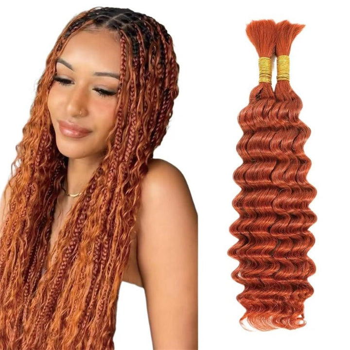 Msgem Human Braiding Hair Ginger Orange Deep Wave Human Bulk Hair for Boho Braids Wet and Wavy Braids Extensions - Msgem Hair