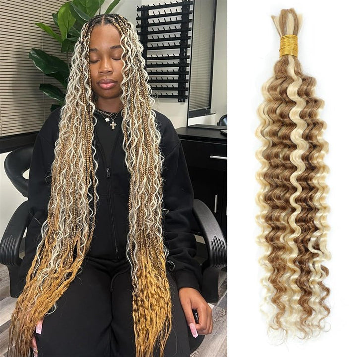 Msgem Human Braiding Hair P27/613 Highlight Deep Wave Bulk Human Hair for Boho Braids Hair Extensions No Weft - Msgem Hair
