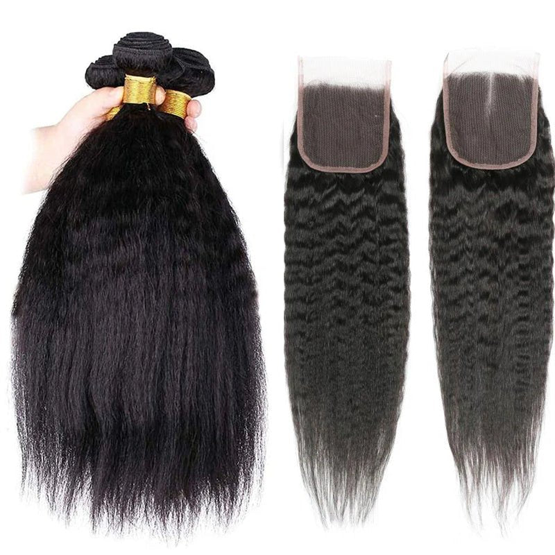 Msgem Kinky Straight 3 Bundles With 4x4 Lace Closure 100% Virgin Human Hair - Msgem Hair