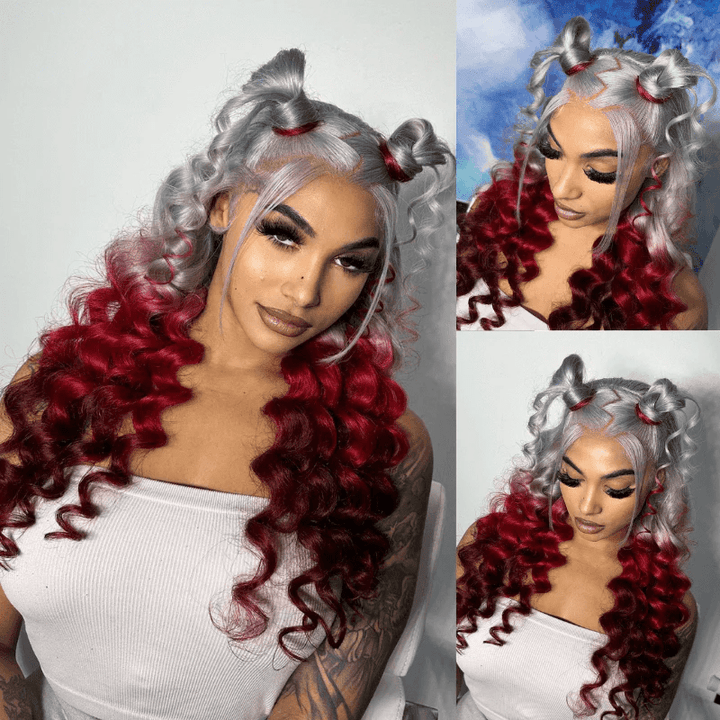 Msgem Loose Body 13x6 Lace Front Wig Halloween Cosplay Ombre Gray Red Human Hair Wigs - Msgem Hair