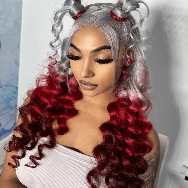 Msgem Loose Body 13x6 Lace Front Wig Halloween Cosplay Ombre Gray Red Human Hair Wigs - Msgem Hair