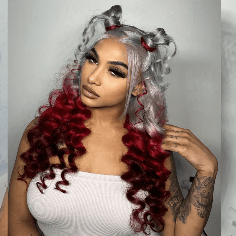 Msgem Loose Body 13x6 Lace Front Wig Halloween Cosplay Ombre Gray Red Human Hair Wigs - Msgem Hair