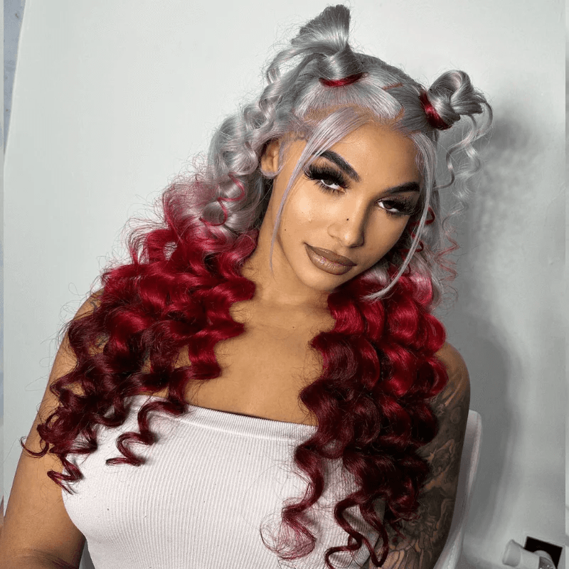 Msgem Loose Body 13x6 Lace Front Wig Halloween Cosplay Ombre Gray Red Human Hair Wigs - Msgem Hair