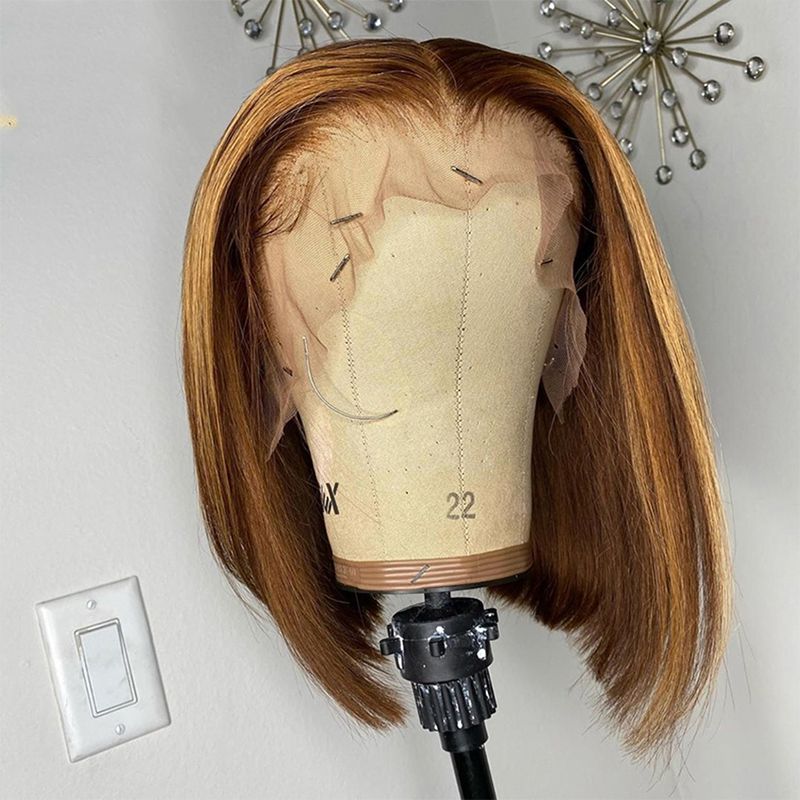 Msgem Brown Highlight Short Bob Wigs P4/27 Straight Hair 13x4 Lace Front Bob Wigs