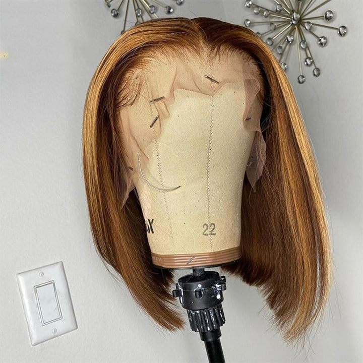 Msgem Brown Highlight Short Bob Wigs P4/27 Straight Hair 13x4 Lace Front Bob Wigs