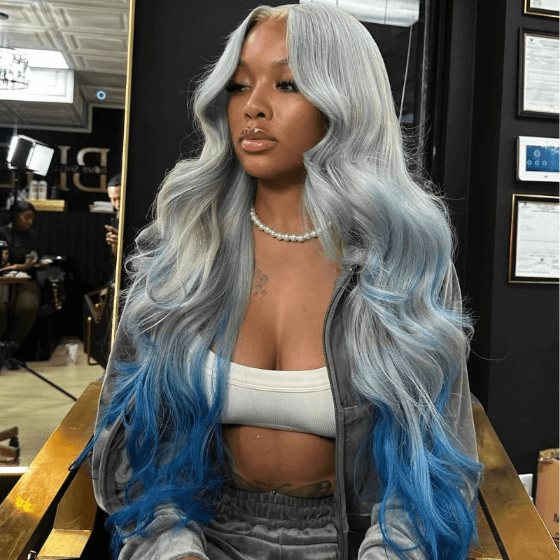 Msgem Ombre Gray Blue 13x6 Lace Frontal Wig Body Wave Human Hair Wigs 180% - Msgem Hair