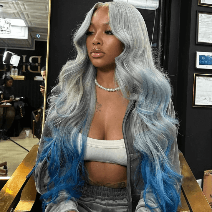 Msgem Ombre Gray Blue 13x6 Lace Frontal Wig Body Wave Human Hair Wigs 180% - Msgem Hair