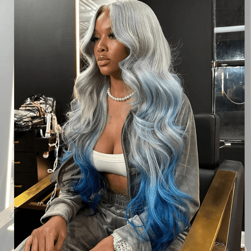 Msgem Ombre Gray Blue 13x6 Lace Frontal Wig Body Wave Human Hair Wigs 180% - Msgem Hair
