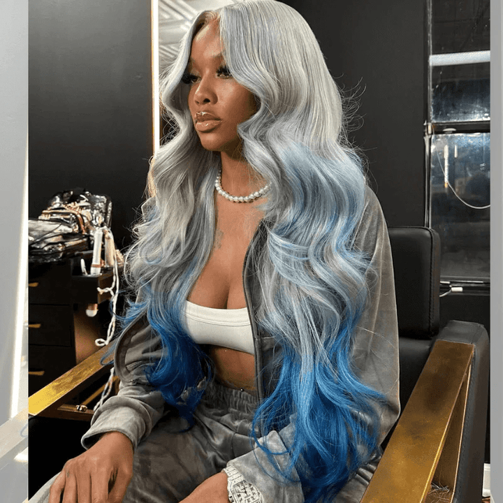 Msgem Ombre Gray Blue 13x6 Lace Frontal Wig Body Wave Human Hair Wigs 180% - Msgem Hair