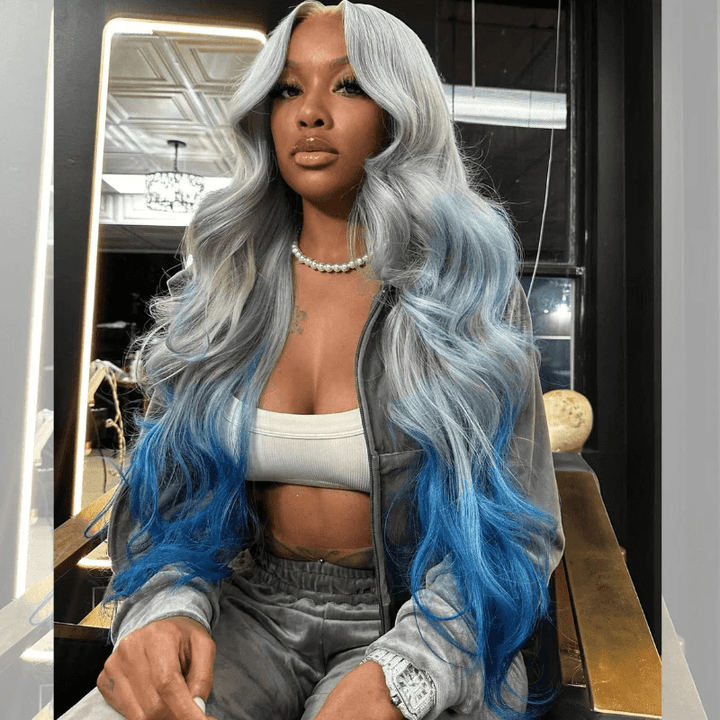 Msgem Ombre Gray Blue 13x6 Lace Frontal Wig Body Wave Human Hair Wigs 180% - Msgem Hair