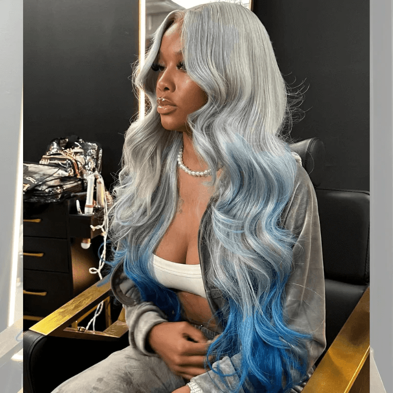 Msgem Ombre Gray Blue 13x6 Lace Frontal Wig Body Wave Human Hair Wigs 180% - Msgem Hair