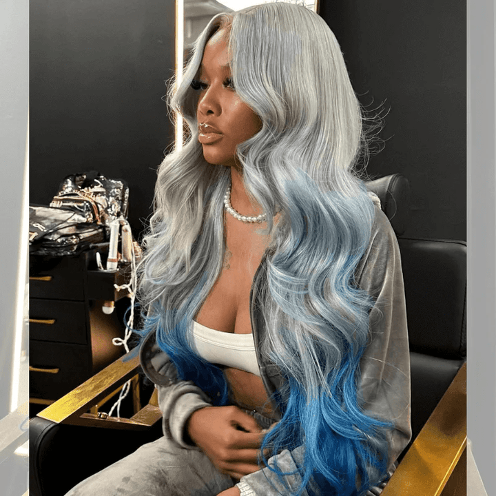 Msgem Ombre Gray Blue 13x6 Lace Frontal Wig Body Wave Human Hair Wigs 180% - Msgem Hair