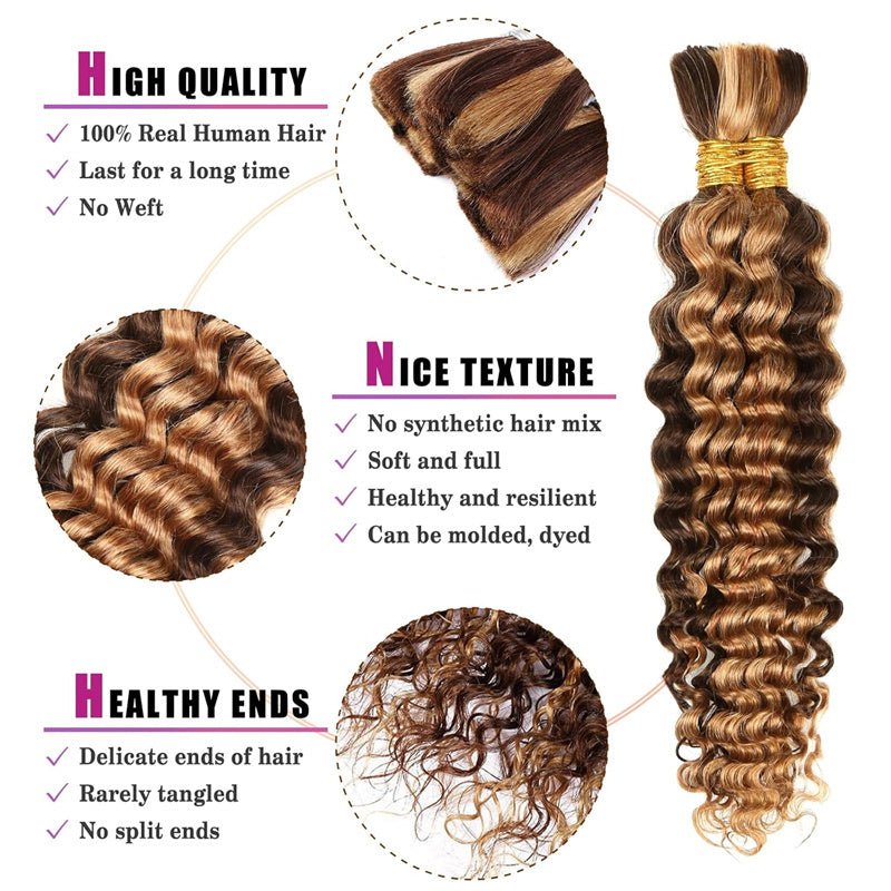 Msgem P4/27 Highlight Deep Wave Bulk Hair Braiding Hair 100% Human Hair for Micro Braiding No Weft - Msgem Hair