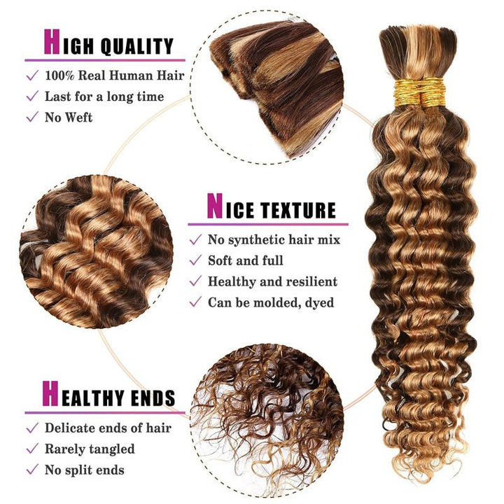 Msgem P4/27 Highlight Deep Wave Bulk Hair Braiding Hair 100% Human Hair for Micro Braiding No Weft - Msgem Hair