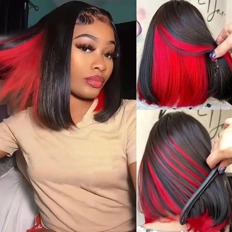 Msgem Peekaboo Highlights Red Colored Human Hair Bob Wigs HD Transparent 13x4 Lace Front Bob Wig - Msgem Hair