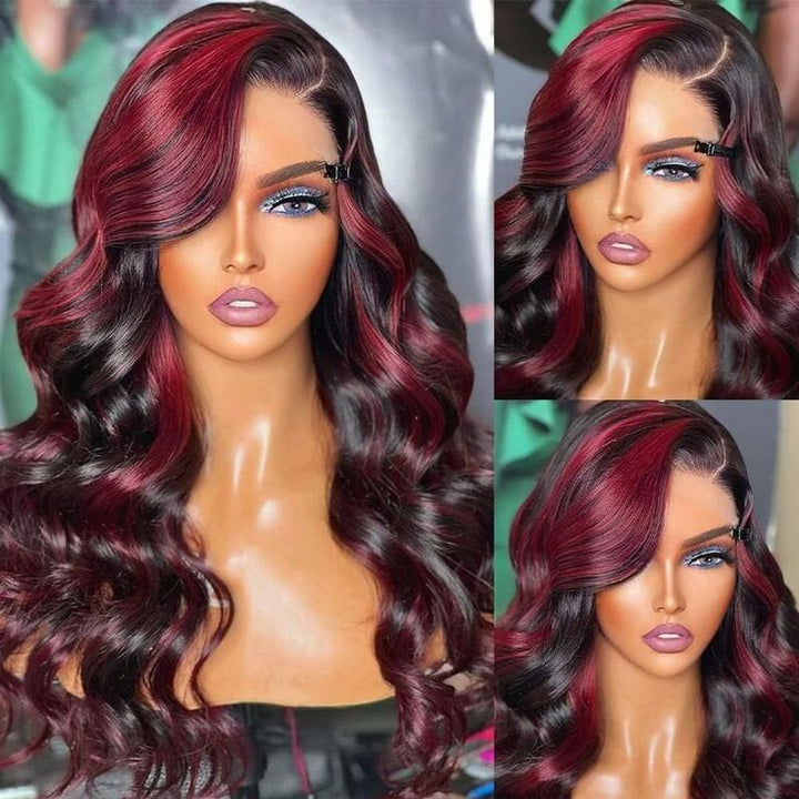 Msgem Put On and Go Pre - cut Lace 7x5 Glueless Wigs p1b/99j Colored Wig Body Wave Human Hair Wigs - Msgem Hair