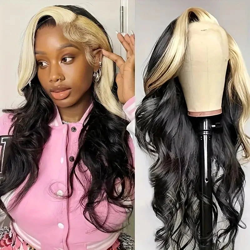 Msgem Skunk Stripe Natural Black with 613 Blonde Body Wave 13x4 Transparent Lace Front Wig 180% Density - Msgem Hair