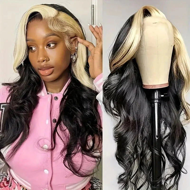 Msgem Skunk Stripe Natural Black with 613 Blonde Body Wave 13x4 Transparent Lace Front Wig 180% Density - Msgem Hair