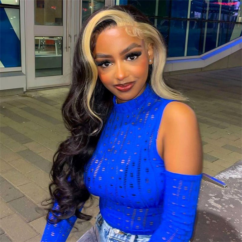 Msgem Skunk Stripe Natural Black with 613 Blonde Body Wave 13x4 Transparent Lace Front Wig 180% Density - Msgem Hair