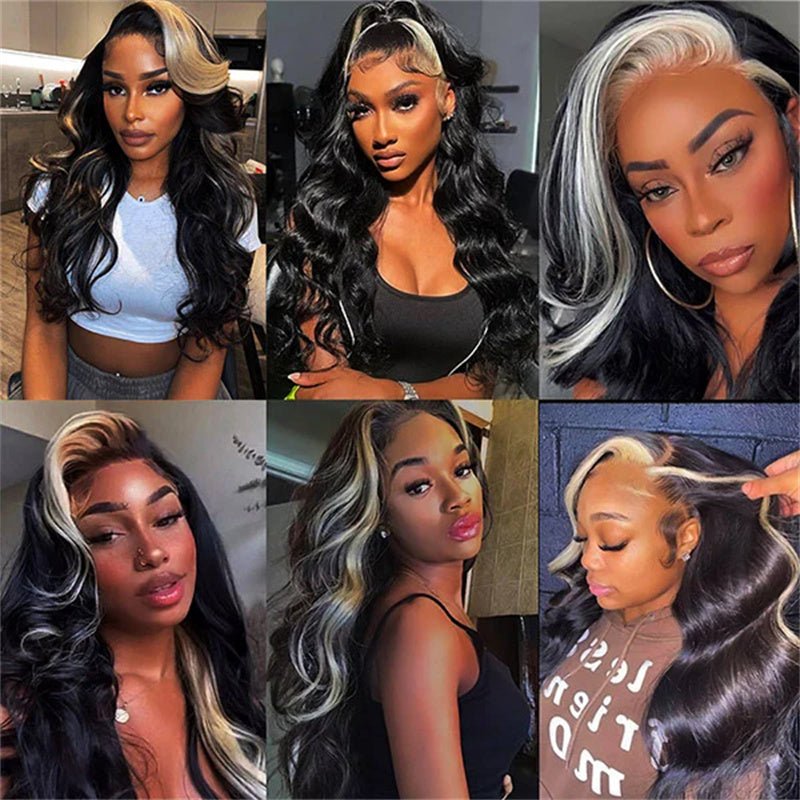 Msgem Skunk Stripe Natural Black with 613 Blonde Body Wave 13x4 Transparent Lace Front Wig 180% Density - Msgem Hair