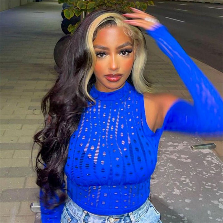 Msgem Skunk Stripe Natural Black with 613 Blonde Body Wave 13x4 Transparent Lace Front Wig 180% Density - Msgem Hair