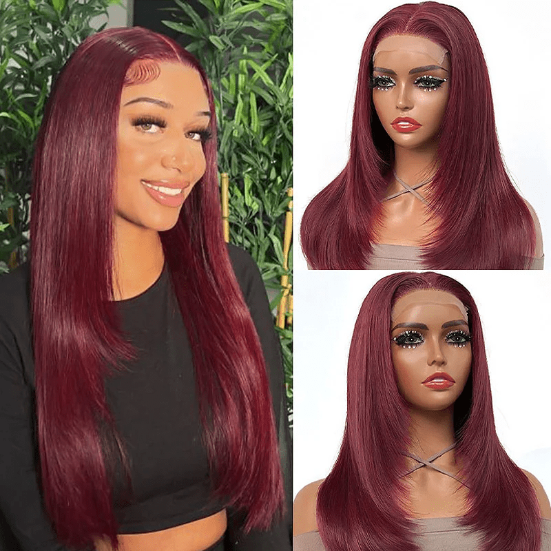 Msgem Straight Layered Cut 99J Burgundy Color Human Hair 5x5 13x6 Transparent Lace Wigs - Msgem Hair