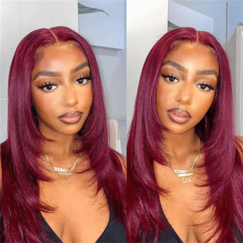 Msgem Straight Layered Cut 99J Burgundy Color Human Hair 5x5 13x6 Transparent Lace Wigs - Msgem Hair