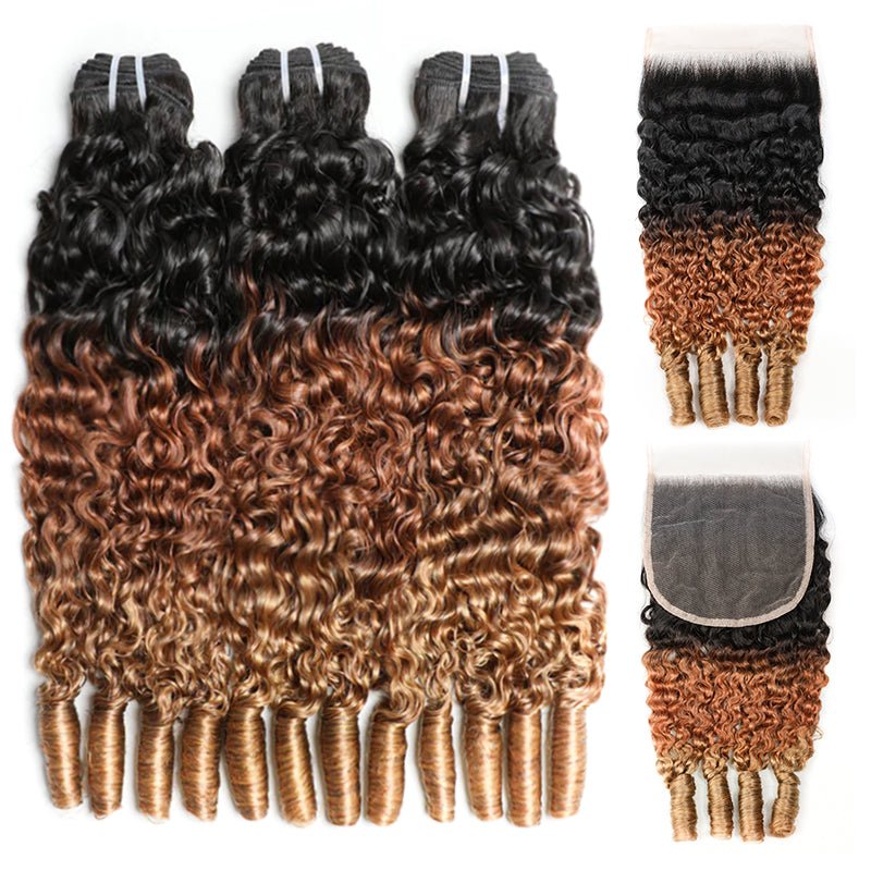 Msgem T1B/30/27 Ombre Highlight Burmese Curly Human 3 Bundles With 4x4 5x5 Lace Closure - Msgem Hair
