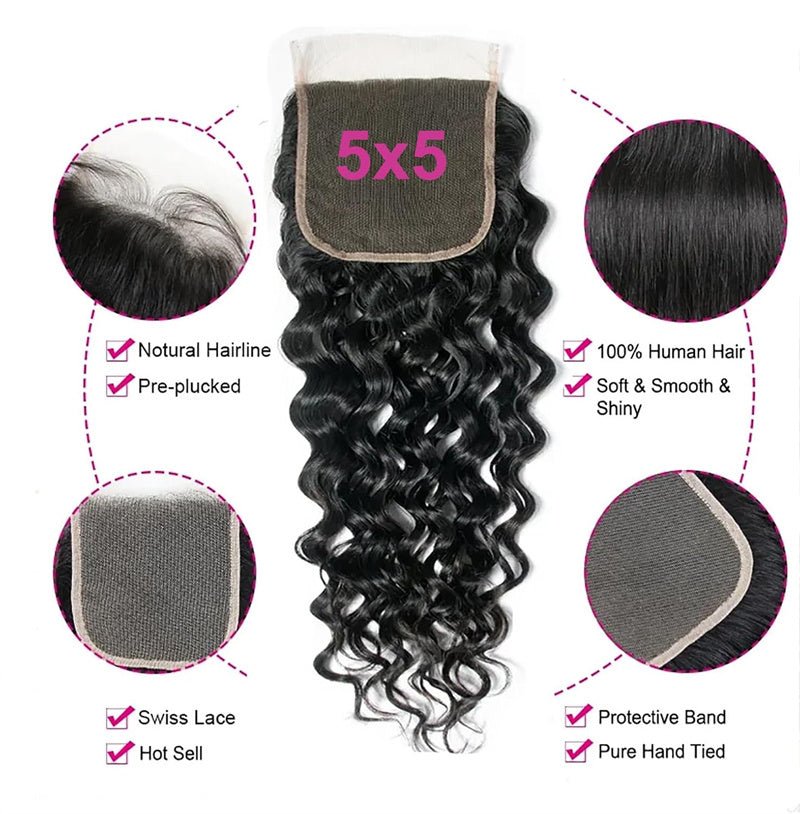Msgem Water Wave 5x5 Transparent HD Lace Closure Virgin Human Hair Frontal Closure - Msgem Hair