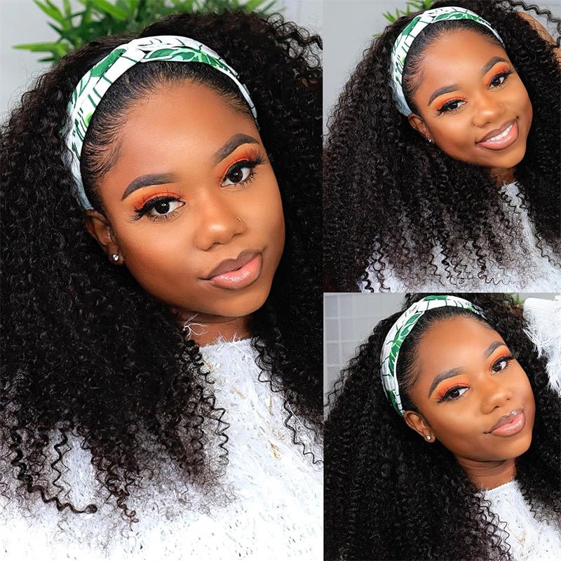Leomoda Kinky Curly Headband Wig Non Lace Glueless Human Hair Wig Natural Color 150% - Msgem Hair