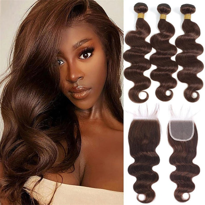 Light Brown Body Wave Brazilian Virgin Hair 3 Bundles with 4x4 Lace Closure with Baby Hair - Msgem Hair