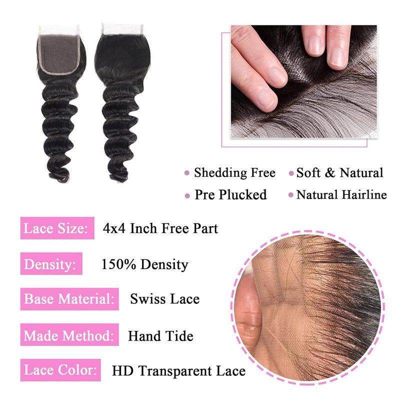 Loose Deep Wave Bundles Brazilian Hair 3 Bundles with 4x4 Lace Closure - Msgem Hair