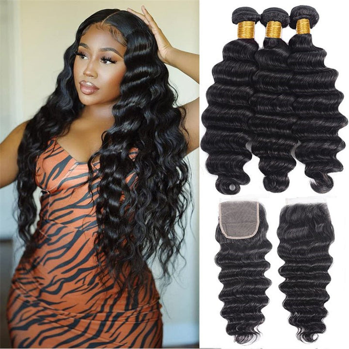 Loose Deep Wave Bundles Brazilian Hair 3 Bundles with 4x4 Lace Closure - Msgem Hair