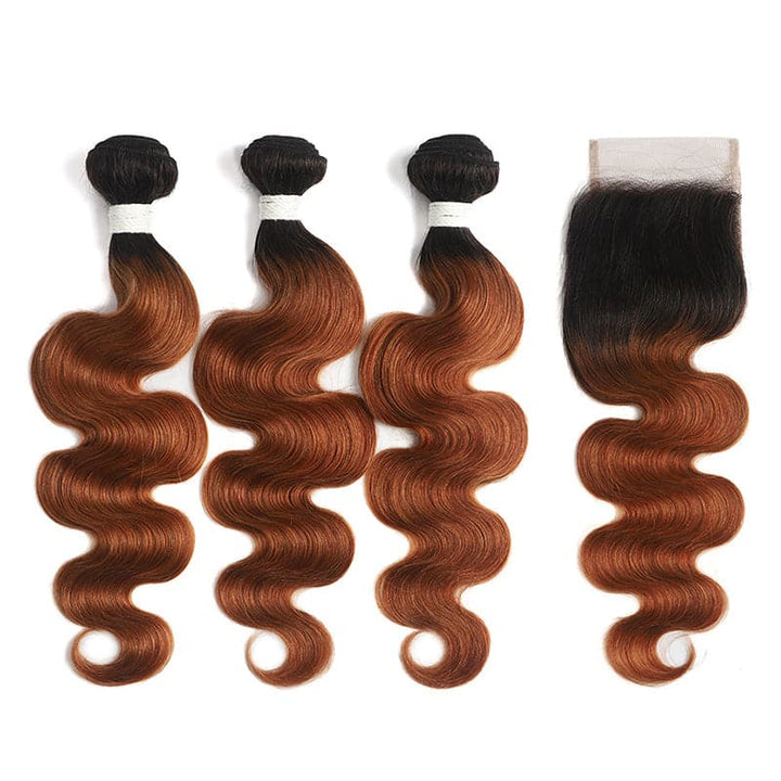 Ombre 1B/30 Body Wave 3 Bundles With Closure 4x4 pre Colored 100% Virgin Human Hair - Msgem Hair