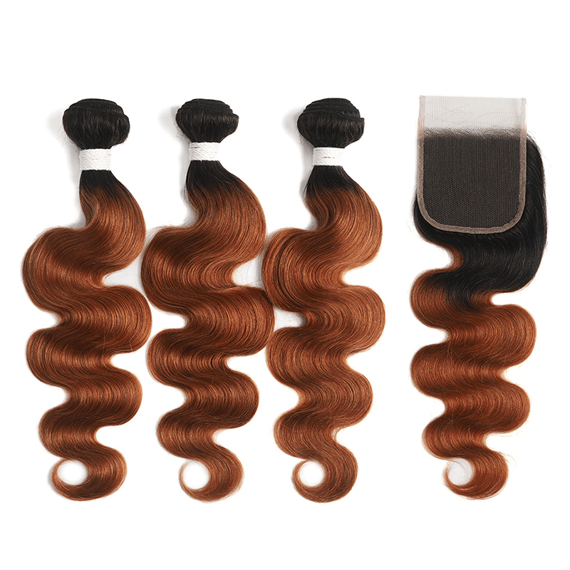 Ombre 1B/30 Body Wave 3 Bundles With Closure 4x4 pre Colored 100% Virgin Human Hair - Msgem Hair