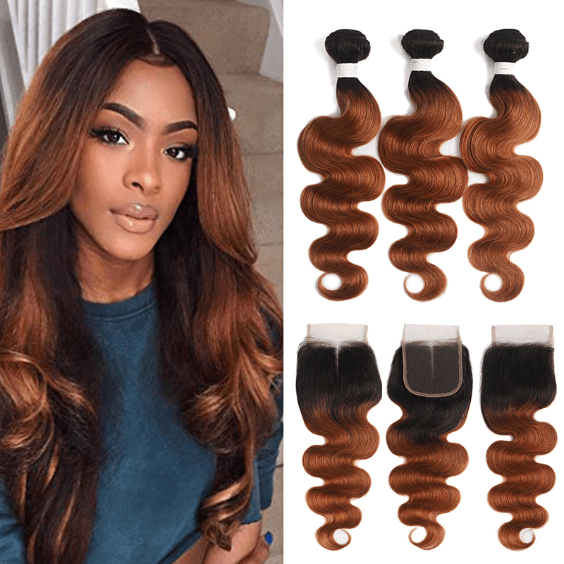 Ombre 1B/30 Body Wave 3 Bundles With Closure 4x4 pre Colored 100% Virgin Human Hair - Msgem Hair