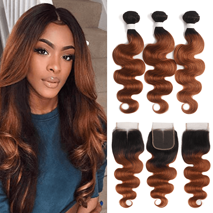 Ombre 1B/30 Body Wave 3 Bundles With Closure 4x4 pre Colored 100% Virgin Human Hair - Msgem Hair