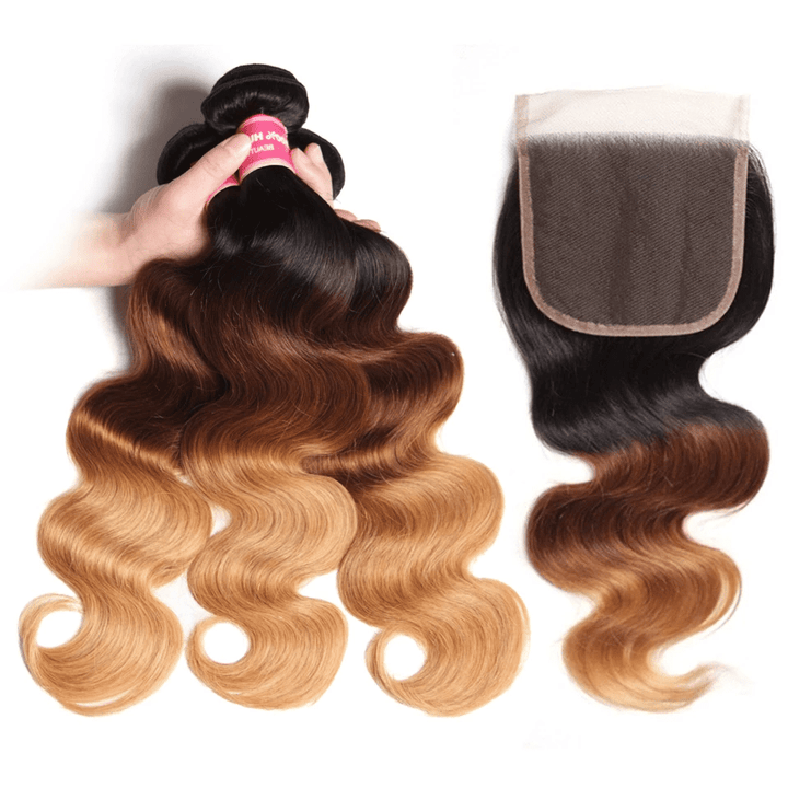 Ombre 1b/4/27 Body Wave 3 Bundles with 4X4 lace Closure 100% Real Human Hair - Msgem Hair