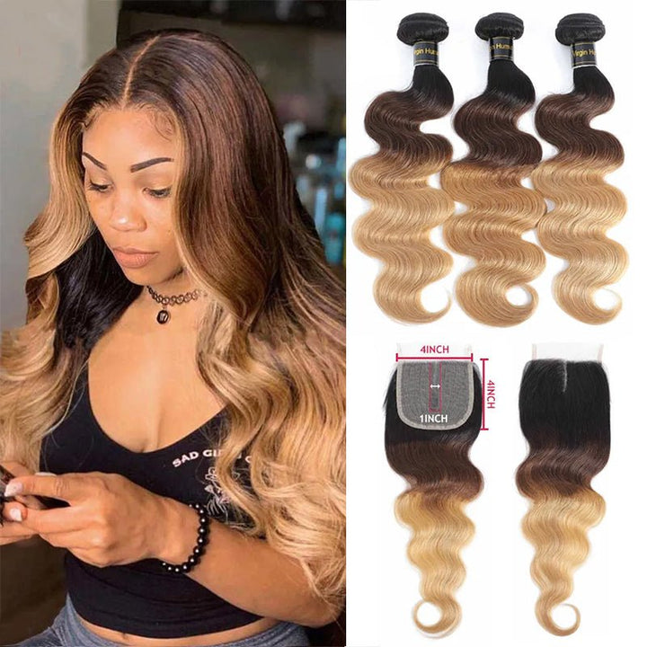 Ombre 1b/4/27 Body Wave 3 Bundles with 4X4 lace Closure 100% Real Human Hair - Msgem Hair