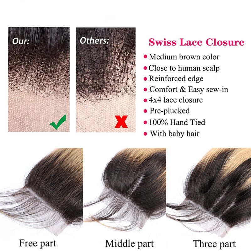 Ombre Closure Pre Plucked 4x4 Closure 1b/27 Body Wave 100% Virgin Human Hair - Msgem Hair