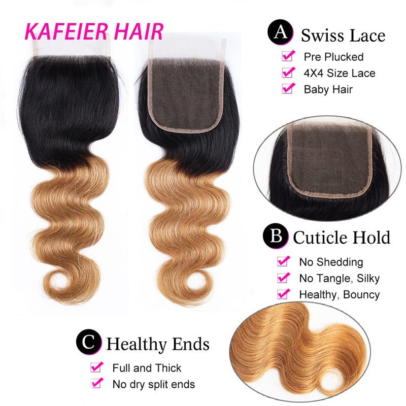 Ombre Closure Pre Plucked 4x4 Closure 1b/27 Body Wave 100% Virgin Human Hair - Msgem Hair