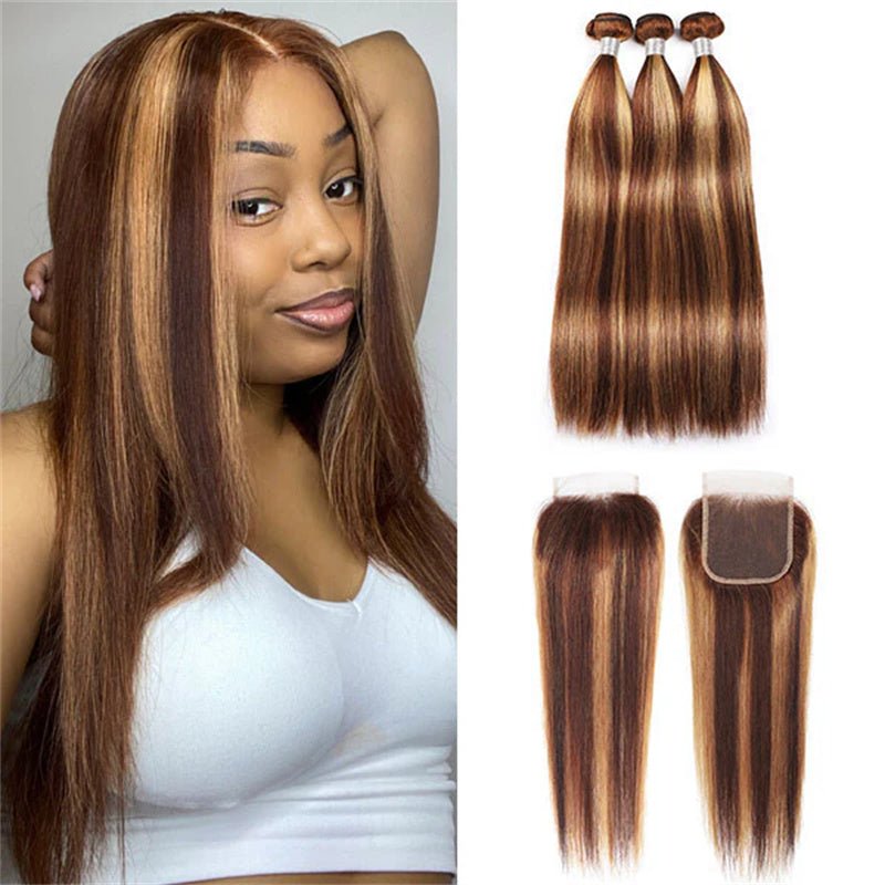 Ombre Highlights Straight Hair 3 Bundles With 4*4 Lace Closure Honey Blonde Human Hair - Msgem Hair