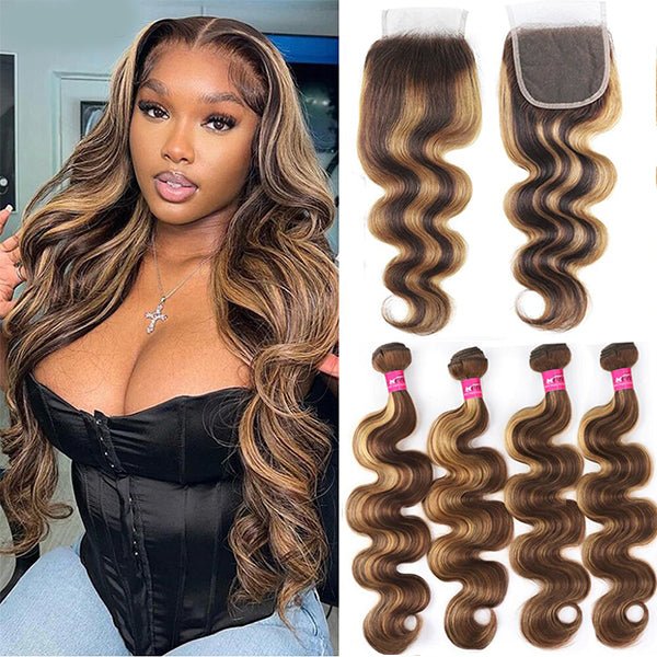 P4/27 Highlight Body Wave 4 Bundles With 4x4 Lace Closure 100% Human Hair - Msgem Hair
