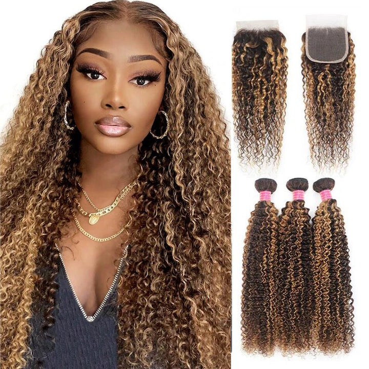 P4/27 Highlight Kinky Curly 3 Bundles With 4X4 Lace Closure 100% Human Hair - Msgem Hair