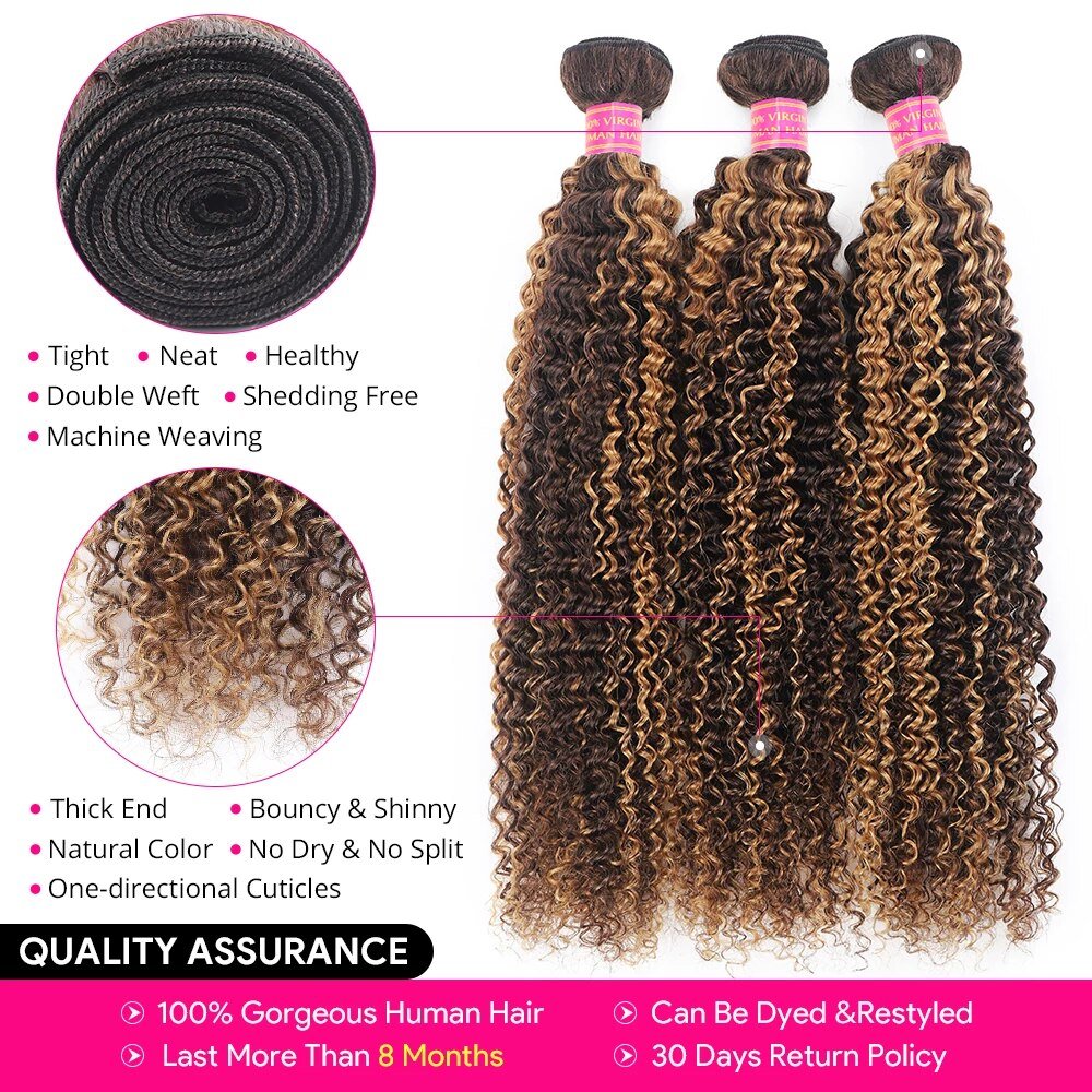 P4/27 Highlight Kinky Curly 3 Bundles With 4X4 Lace Closure 100% Human Hair - Msgem Hair