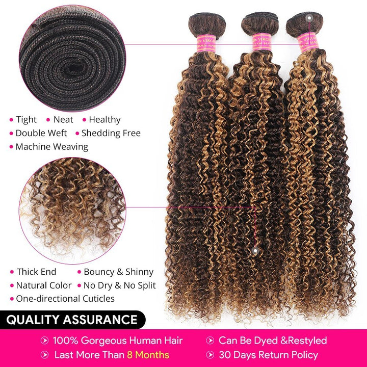 P4/27 Highlight Kinky Curly 3 Bundles With 4X4 Lace Closure 100% Human Hair - Msgem Hair