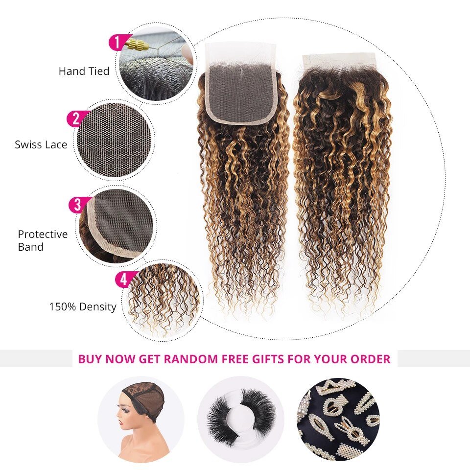 P4/27 Highlight Kinky Curly 3 Bundles With 4X4 Lace Closure 100% Human Hair - Msgem Hair
