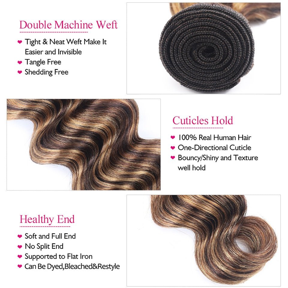P4/30 Auburn Brown Highlight Loose Deep 4 Bundles With 4x4 Lace Closure 100% Human Hair - Msgem Hair