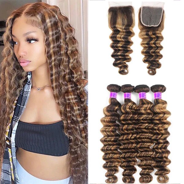P4/30 Auburn Brown Highlight Loose Deep 4 Bundles With 4x4 Lace Closure 100% Human Hair - Msgem Hair