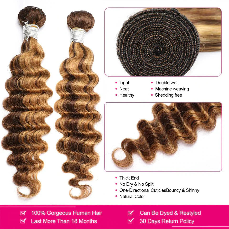 P4/30 Auburn Brown Highlight Loose Deep 4 Bundles With 4x4 Lace Closure 100% Human Hair - Msgem Hair